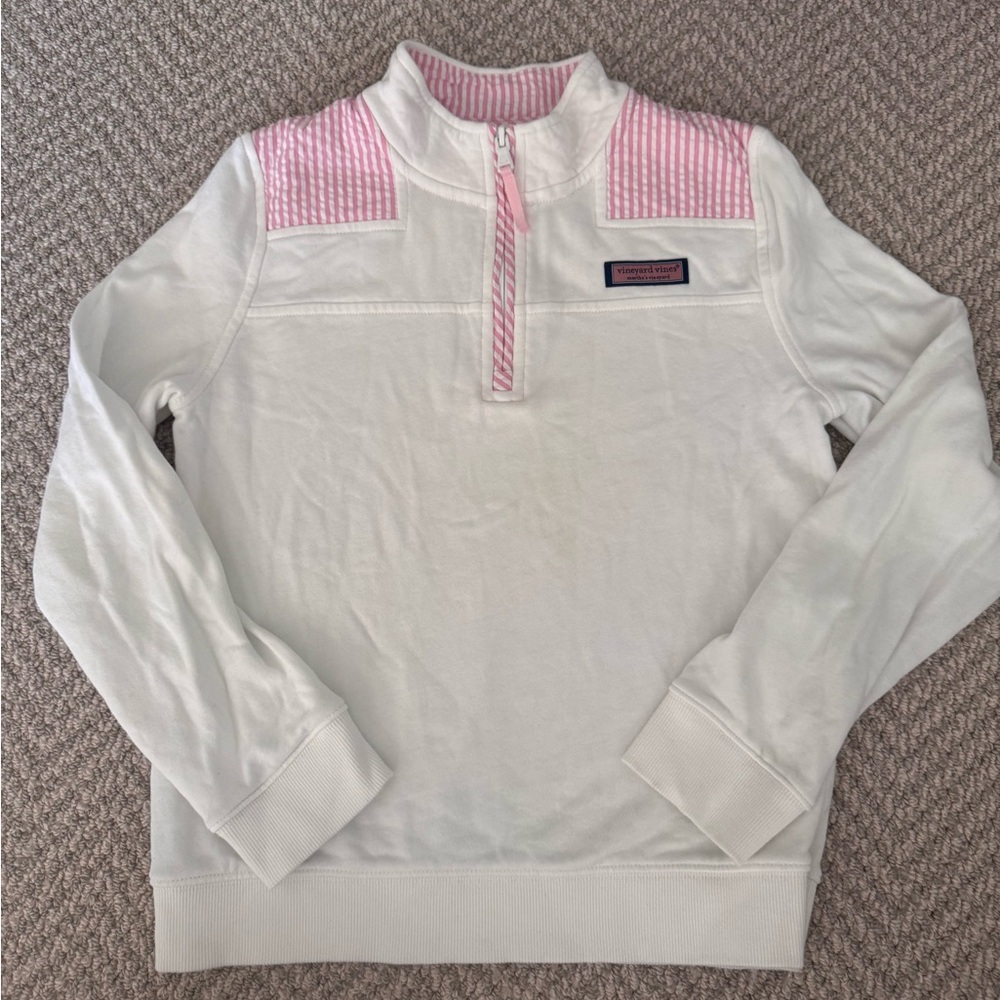 Vineyard Vines White and Pink Striped Half-Zip sweatshirt